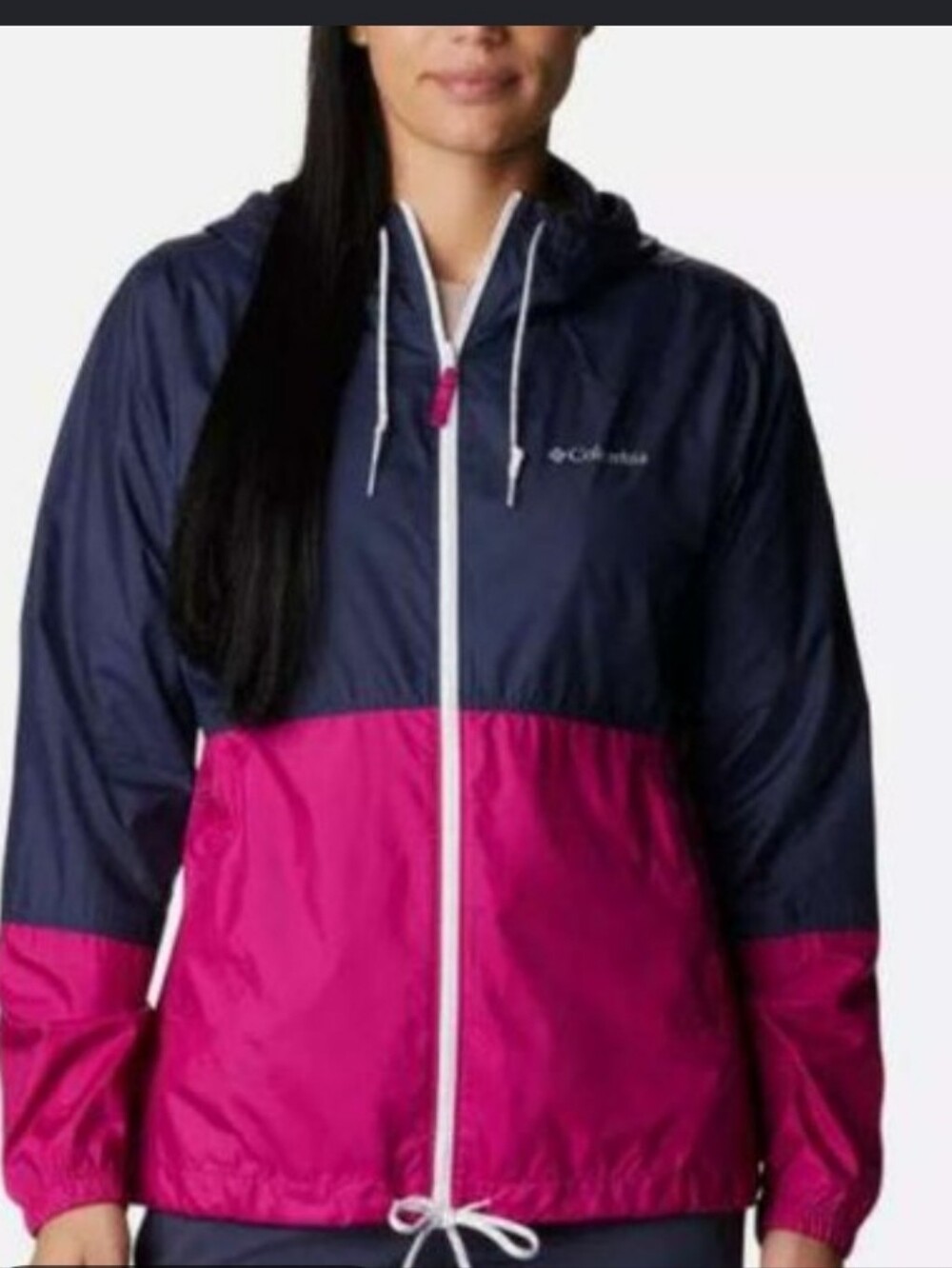 Women's Columbia Navy and Hot Pink Colorblock Hooded Windbreaker Jacket, Size XL